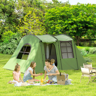 Outsunny 3-4 Man Tunnel Tent, Family Camping Tent with Porch, Bedroom and Living Area, Sewn in Groundsheet, 3000mm Waterproof, Portable with Bag for Hiking, Festival, Backpacking, Green 