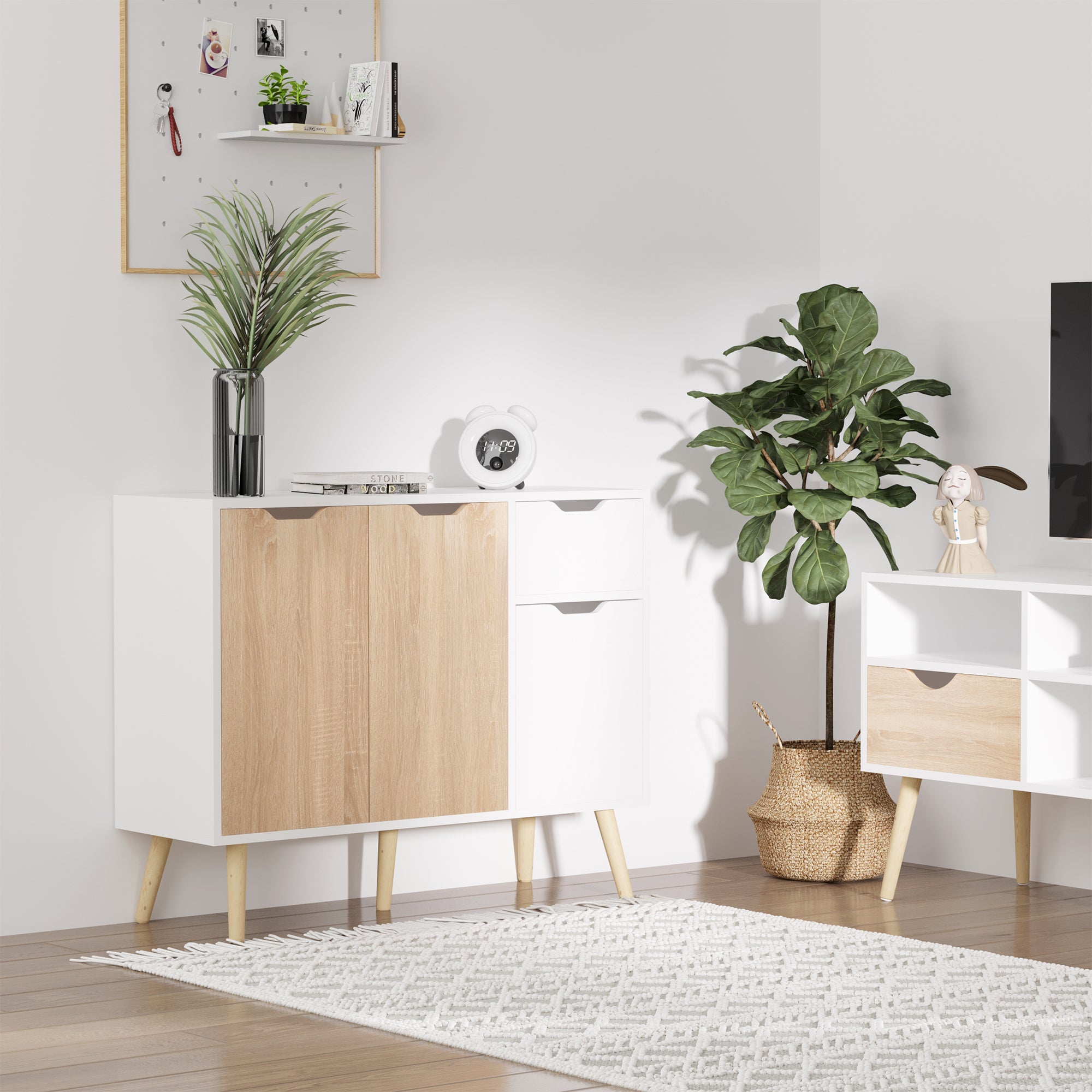 HOMCOM Sideboard Floor Standing Storage Cabinet with Drawer for Bedroom, Living Room, Home Office, Natural 