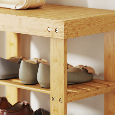 HOMCOM Two Shelf Bamboo Shoe Storage Bench - Natural Finish 