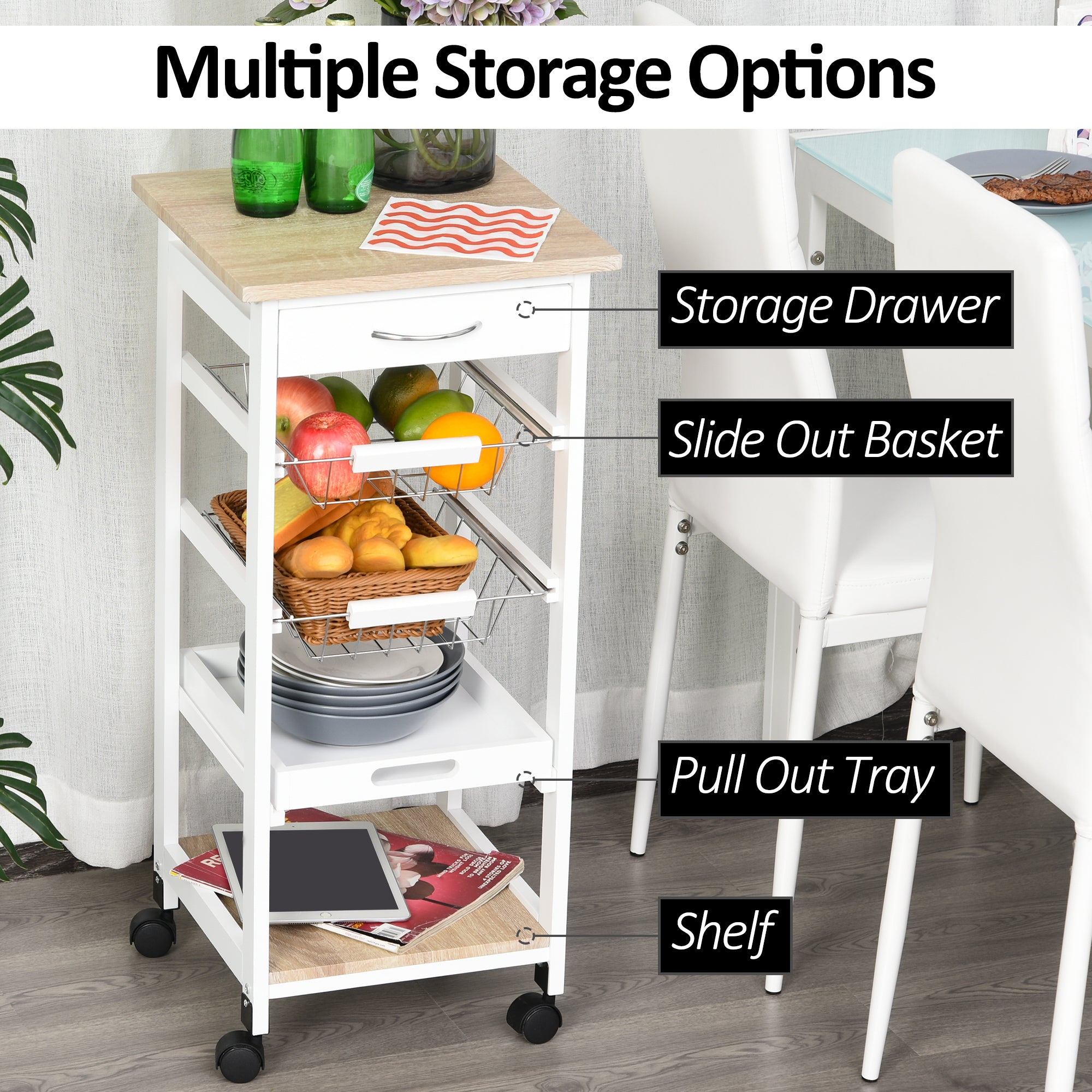 HOMCOM Mobile Rolling Kitchen Island Trolley for Home w/ Metal Baskets Trays Shelves Wheels Compact Stylish Storage White 