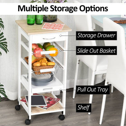 HOMCOM Mobile Rolling Kitchen Island Trolley for Home w/ Metal Baskets Trays Shelves Wheels Compact Stylish Storage White 