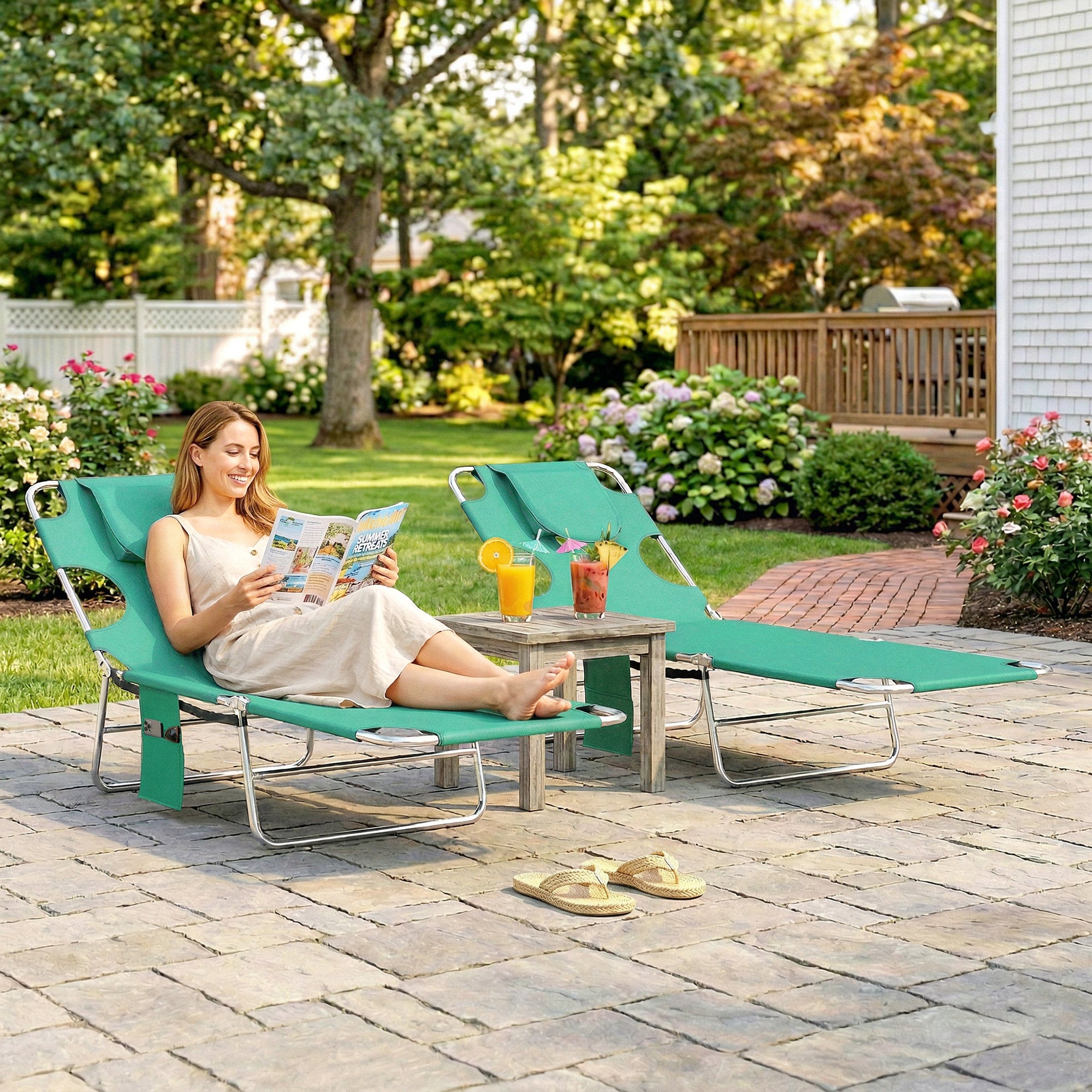 Outsunny 5-Position Adjustable Sun Loungers Set of 2 with Reading Hole and Side Pocket, Green 
