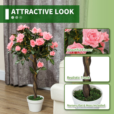 Outsunny Set of 2 Artificial Plants Pink Rose Floral in Pot, Fake Plants for Home Indoor Outdoor Decor, 90cm 