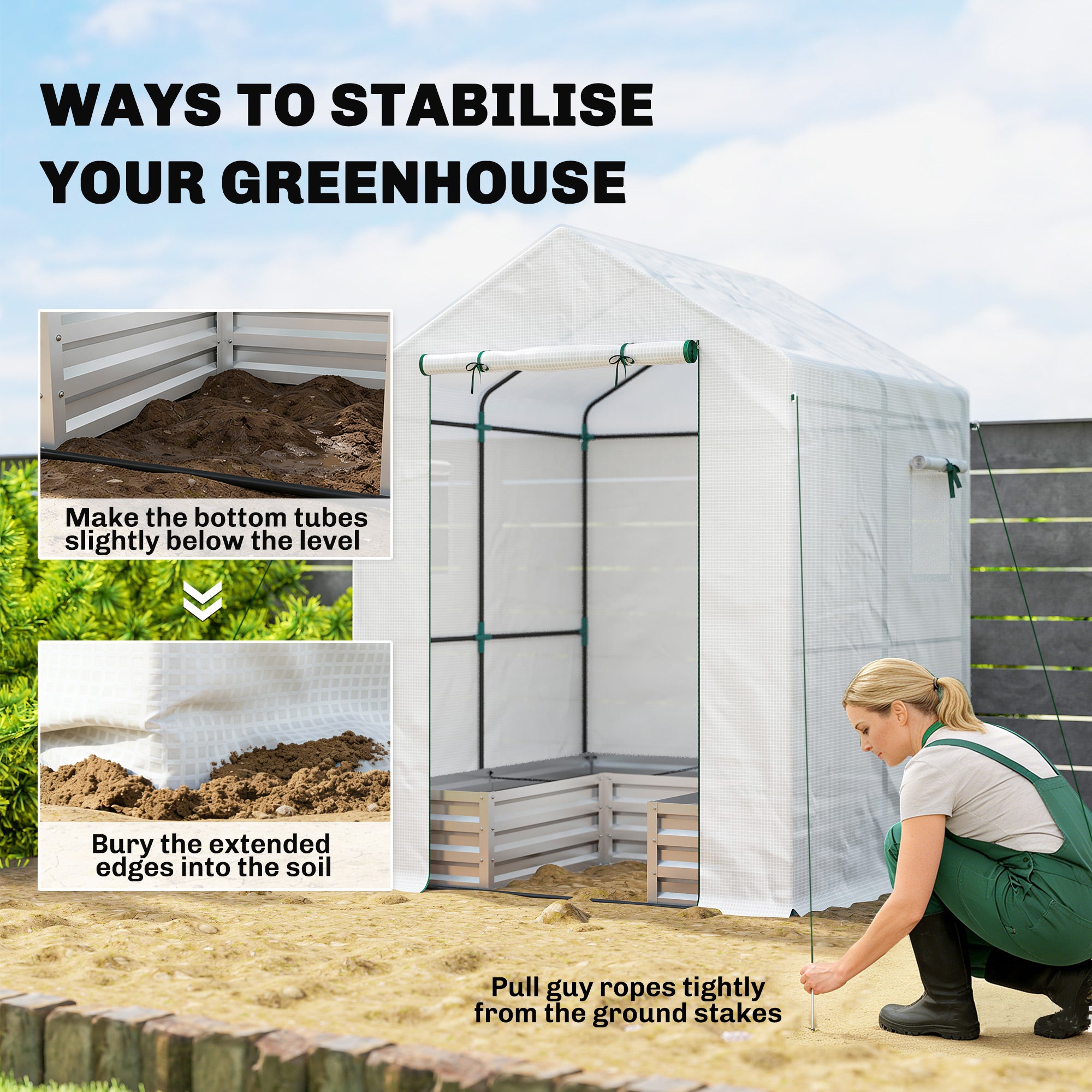 Outsunny Small Greenhouse with Raised Garden Bed, Galvanised Walk-in Greenhouse with Roll Up Windows, 141 x 141 x 190 cm, White 