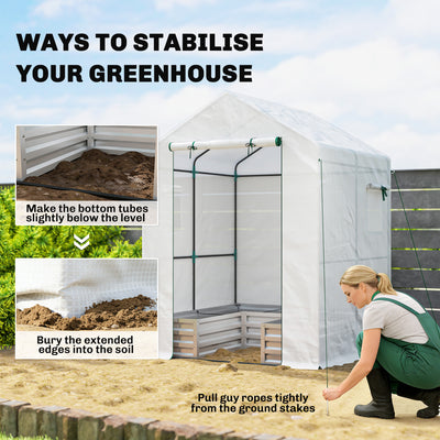 Outsunny Small Greenhouse with Raised Garden Bed, Galvanised Walk-in Greenhouse with Roll Up Windows, 141 x 141 x 190 cm, White 