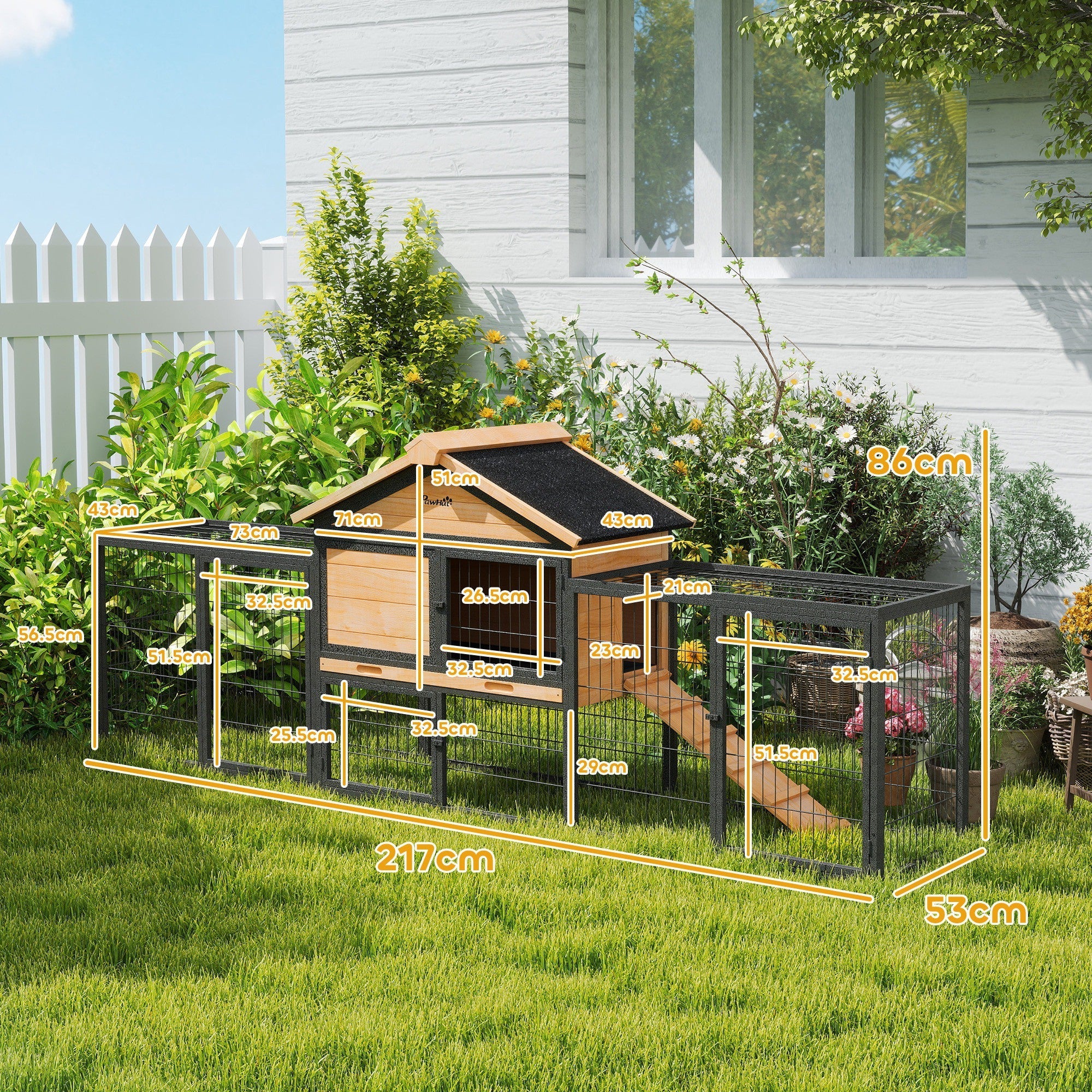 PawHut Wooden Rabbit Hutch Outdoor with Steel Run, Wooden Guinea Pig Cage with Removable Plastic Tray, Asphalt Roof, Ramp 