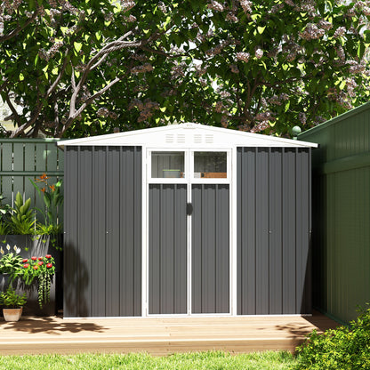 Outsunny 8 x 4 ft Metal Garden Shed, Garden Storage Shed with Window, 4 Vents and Lockable Door, Waterproof Galvanised Steel Tool Storage Shed, Dark Grey 