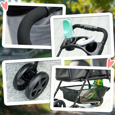 PawHut Dog Pram Dog Stroller Foldable Pet Pushchair with 4 Wheels, Safety Leashes, Cup Holder for Small Dogs, Black 