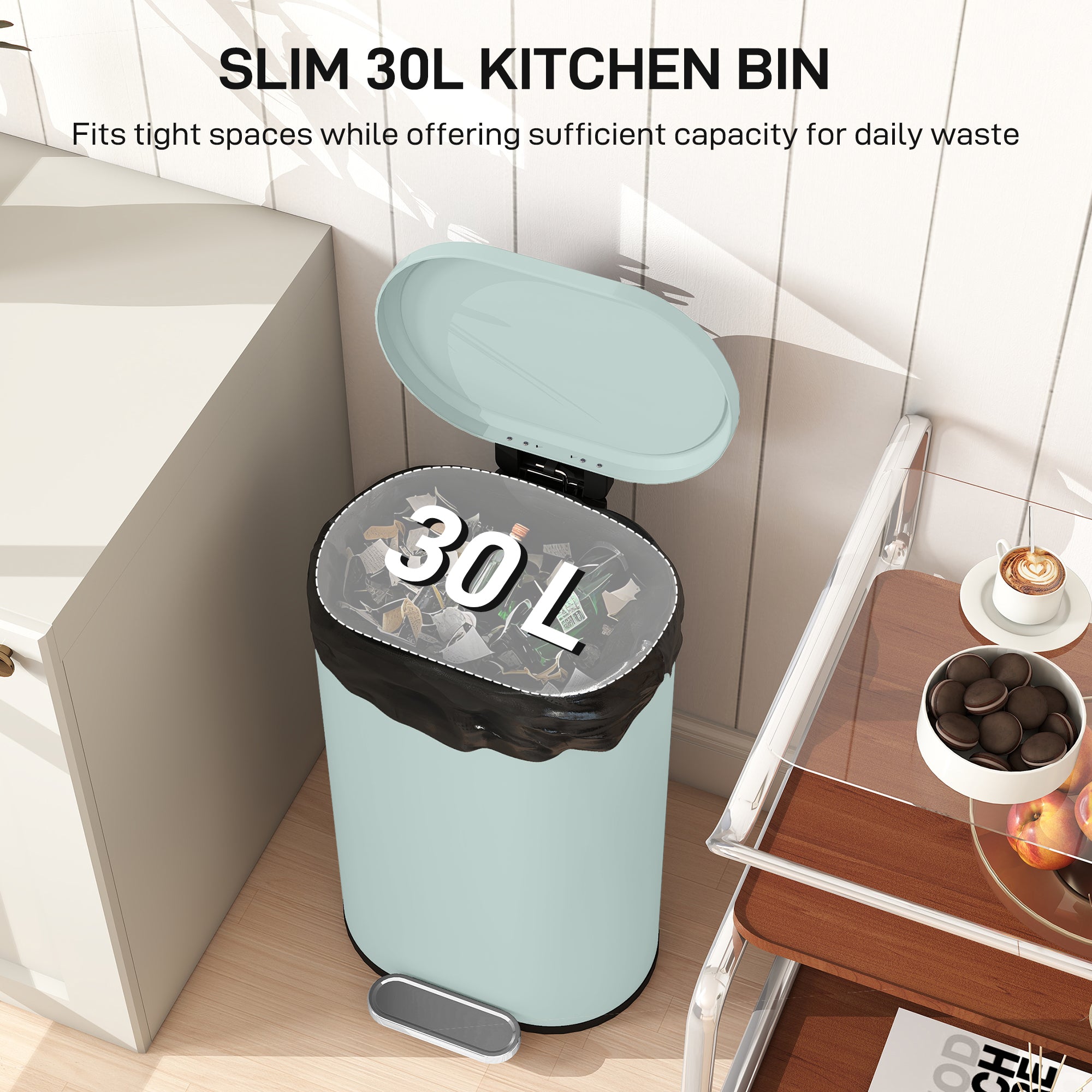 HOMCOM 30 L Modern Curved Kitchen Bin - Green 