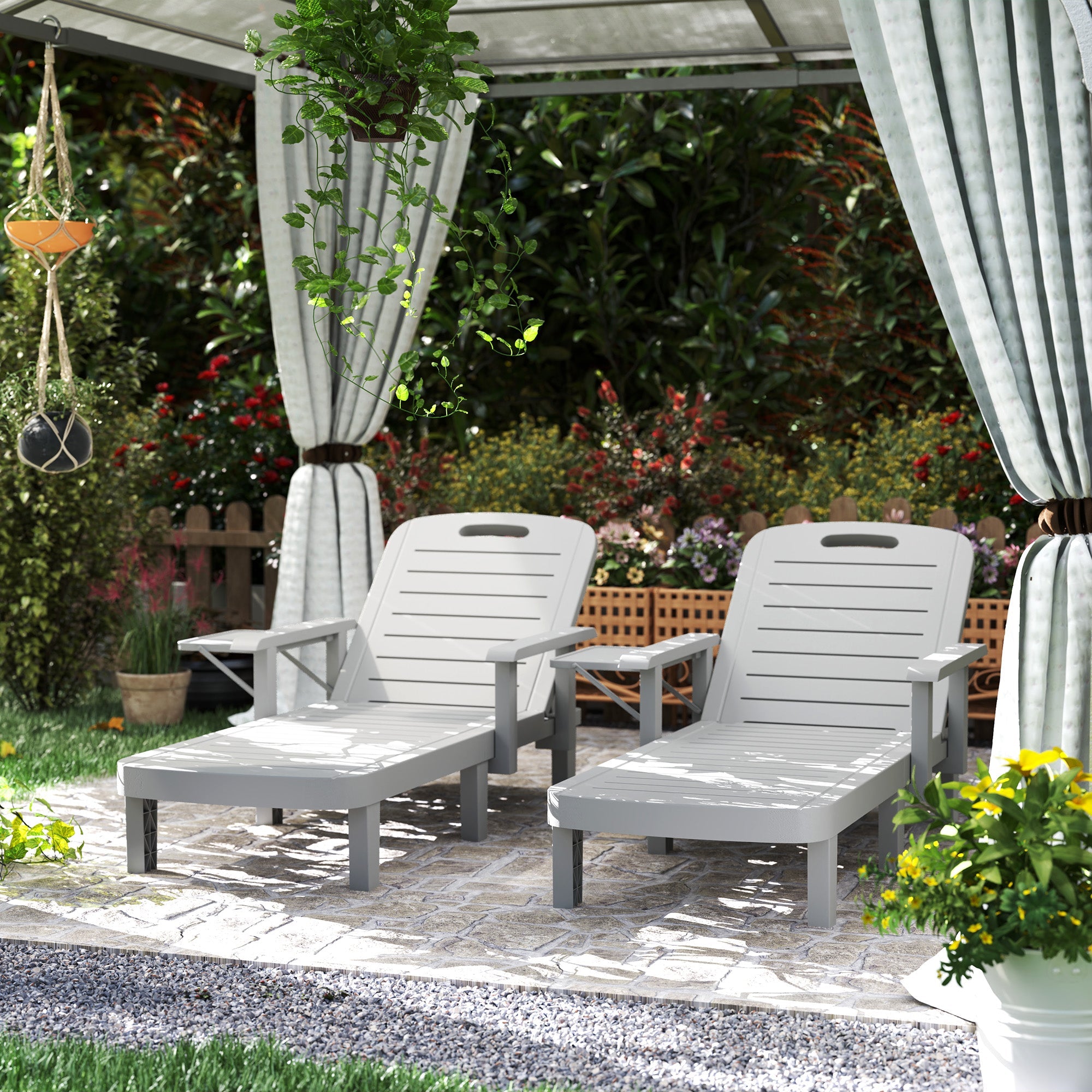 Outsunny Set of 2 Resin Reclining Sun Loungers for Garden, 5 Positions Adjustable Outdoor Chaise Lounge Chairs with Wood Texture Surface, Armrests, Foldable Side Table for Garden, Beach, Light Grey 