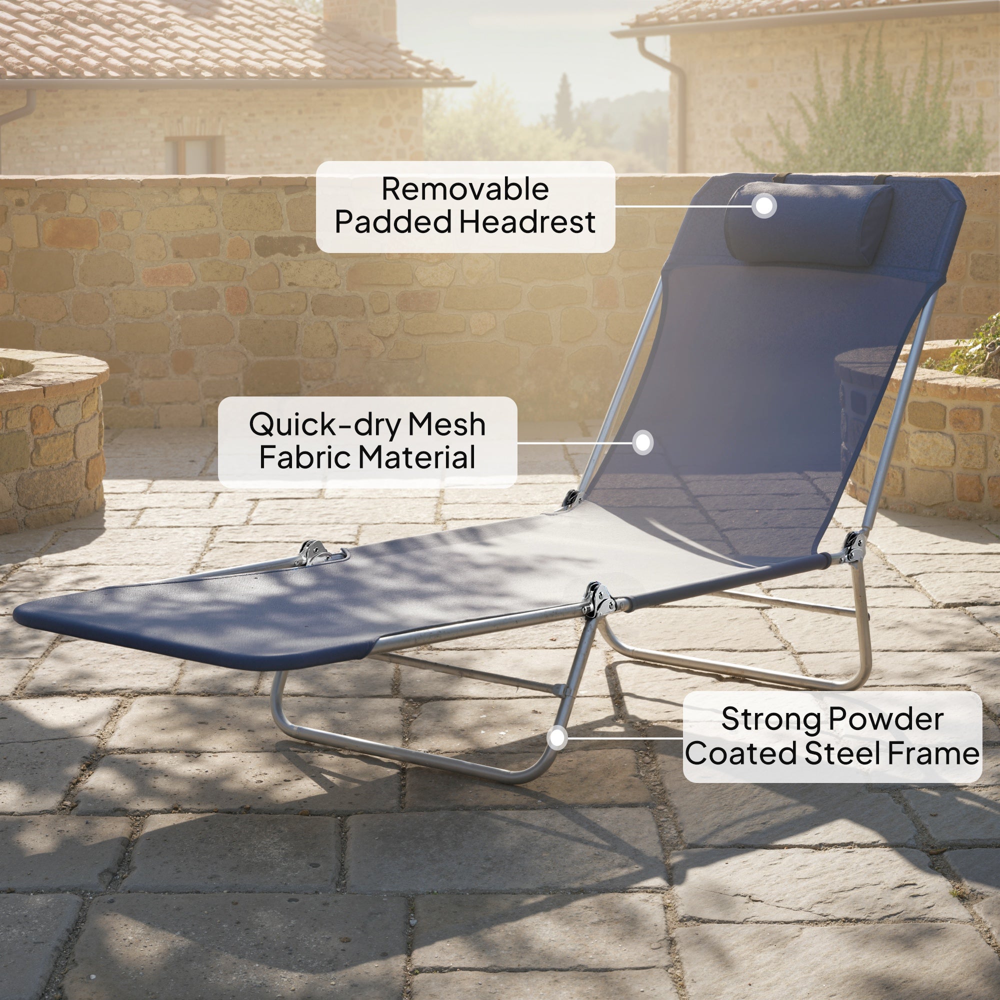 Outsunny Folding Sun Lounger with Head Pillow - Dark Blue 