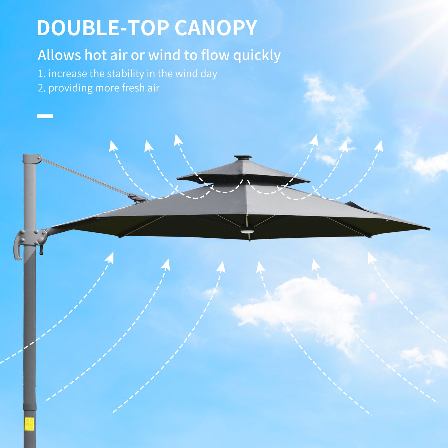 Outsunny 3m Cantilever Parasol w/ Solar Lights Power Bank Base 360° Spin Dark Grey 
