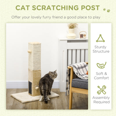 PawHut Jute Cat Scratching Post w/ Carpet Base Hanging Toy - Beige 
