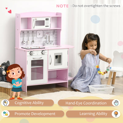 HOMCOM Kids Kitchen Playset, with Lights, Sounds, Microwave, Sink and Storage - Pink 