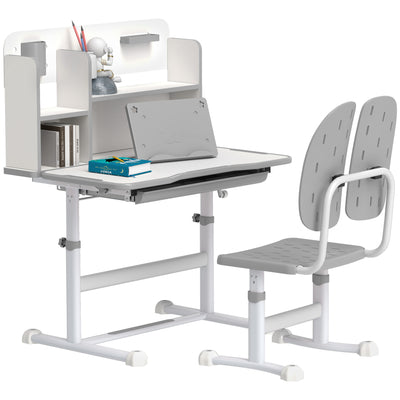 AIYAPLAY Height Adjustable Kids Desk and Chair Set, Children School Study Desk with Tiltable Desktop, Reading Rack, Grey 