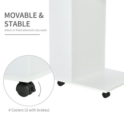 HOMCOM Mobile Sofa Side Table C-Shape End Table with Storage and Casters for Laptop Coffee Snack, White 