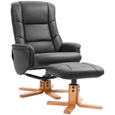 HOMCOM Rocking Recliner Chair with Footstool, PU Leather Recliner Armchair with Wood Base, Upholstered Reclining Chair for Living Room Bedroom, Black 
