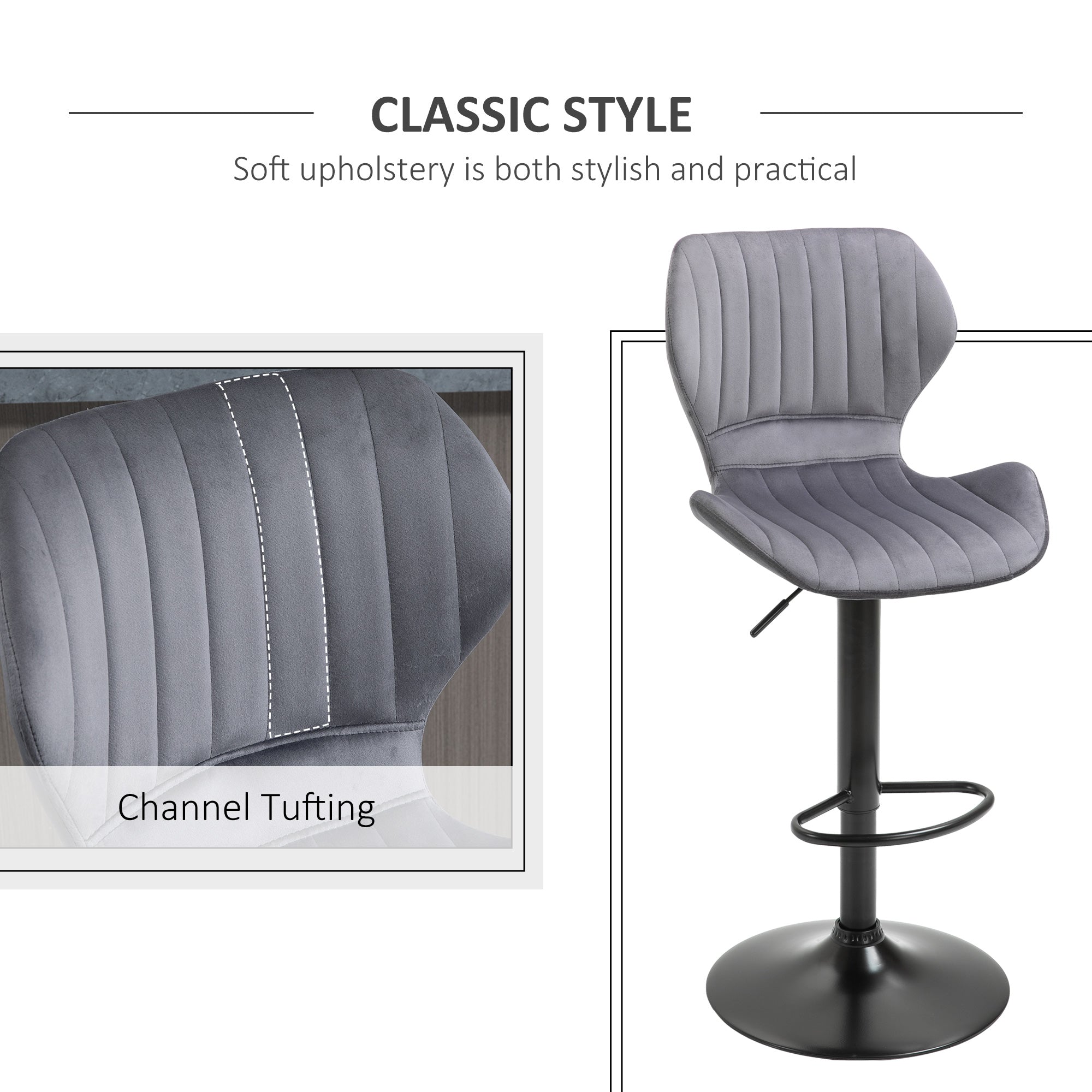 HOMCOM Bar Stool Set of 2 Velvet-Touch Fabric Adjustable Height Swivel Counter Chairs with Footrest, Grey 