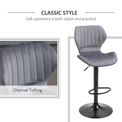 HOMCOM Bar Stool Set of 2 Velvet-Touch Fabric Adjustable Height Swivel Counter Chairs with Footrest, Grey 