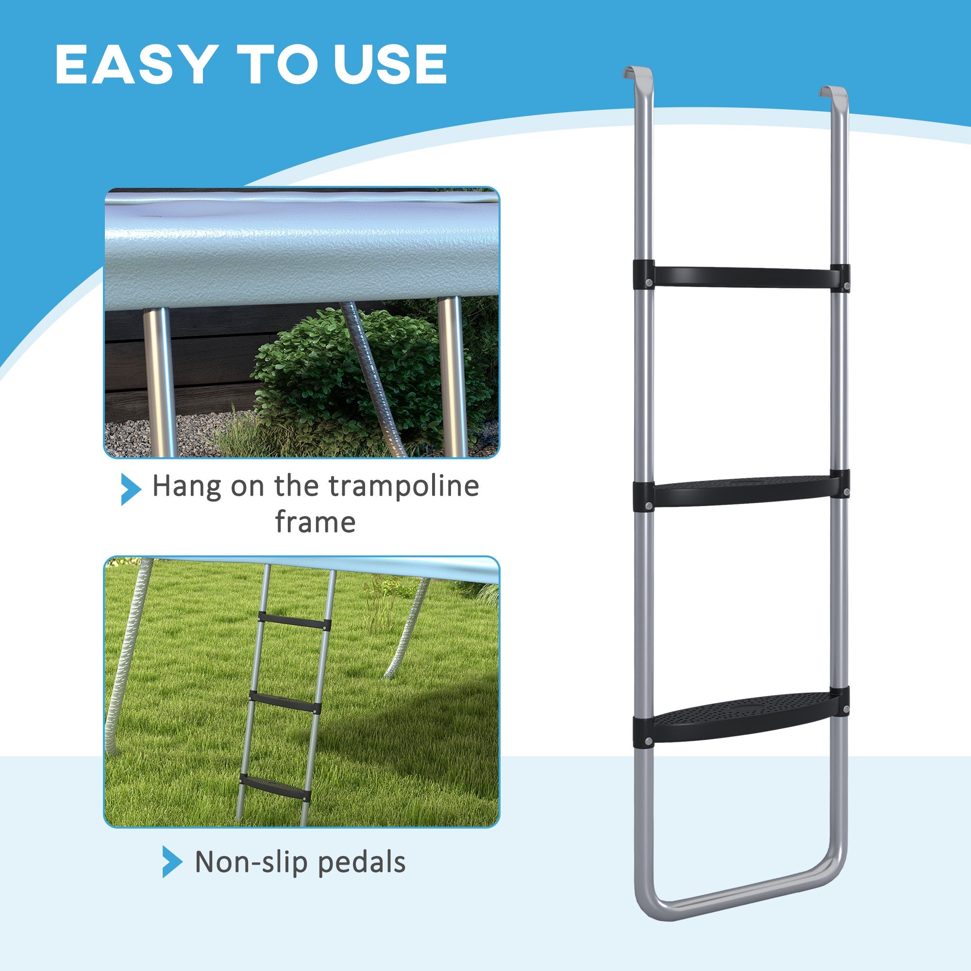 SPORTNOW Galvanised Steel Trampoline Ladder, 2 Steps/3 Steps Outdoor Trampoline Accessories for 6ft, 8ft, 10ft, 12ft, 13ft, 14ft, 16ft Trampoline, 110L x 32Wcm, Silver Tone 