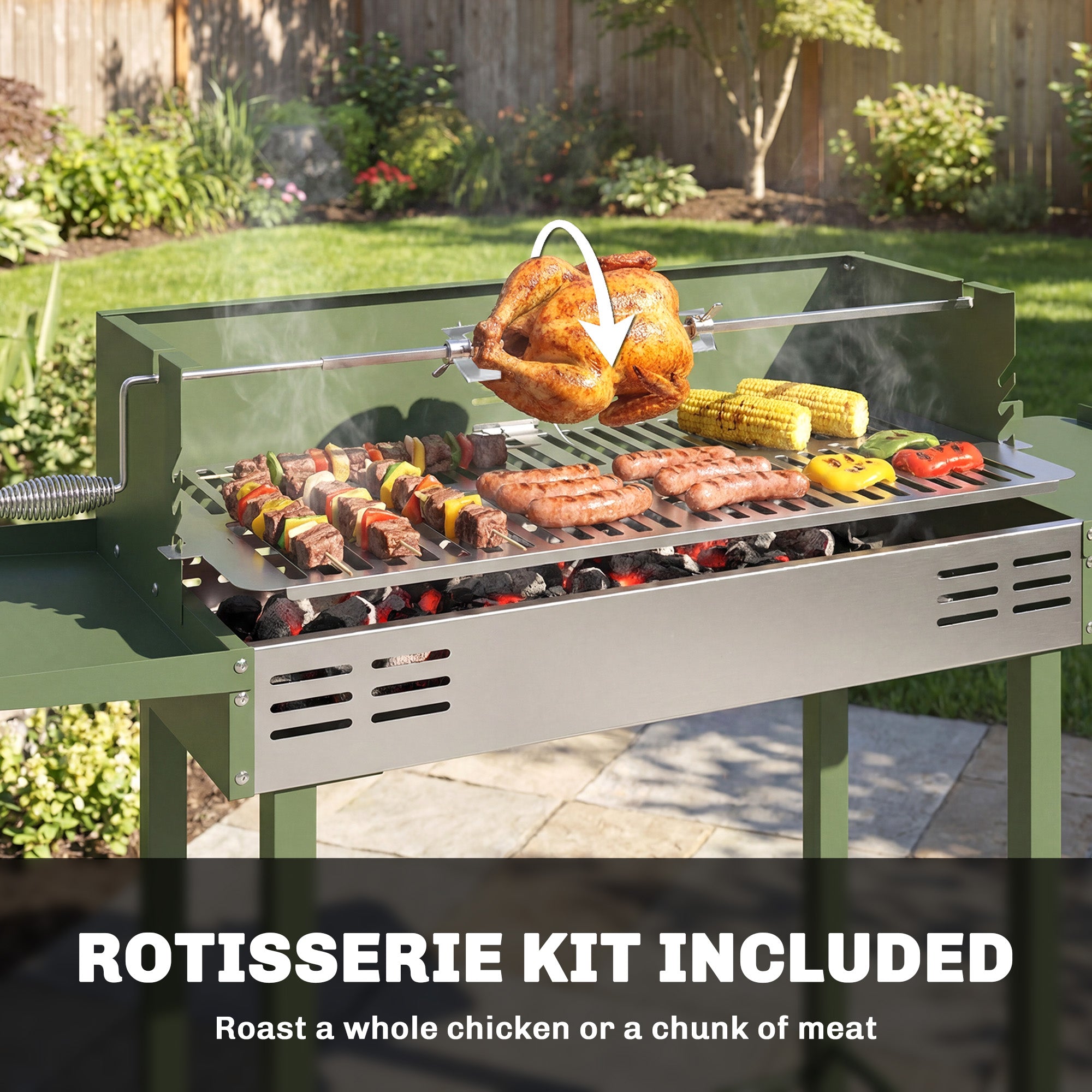 Outsunny BBQ Rotisserie Grill Roaster Charcoal Spit Roasting Machine for Chicken Turkey with 3-Level Grill Grate, Side Shelves, Dark Green 