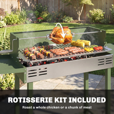 Outsunny BBQ Rotisserie Grill Roaster Charcoal Spit Roasting Machine for Chicken Turkey with 3-Level Grill Grate, Side Shelves, Dark Green 