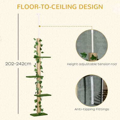 PawHut 242cm Adjustable Floor-To-Ceiling Cat Tree, with Artificial Decoration, Perches, Anti-Slip Kit - Green 