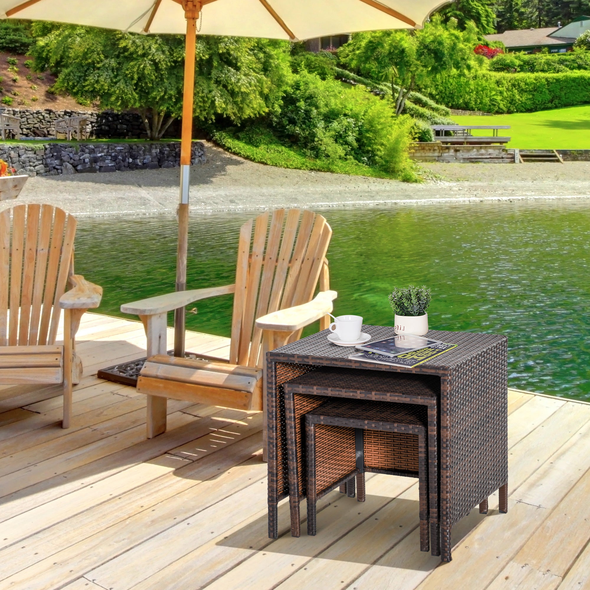 Outsunny 3 Pcs Rattan Nesting Tables Set-Brown 