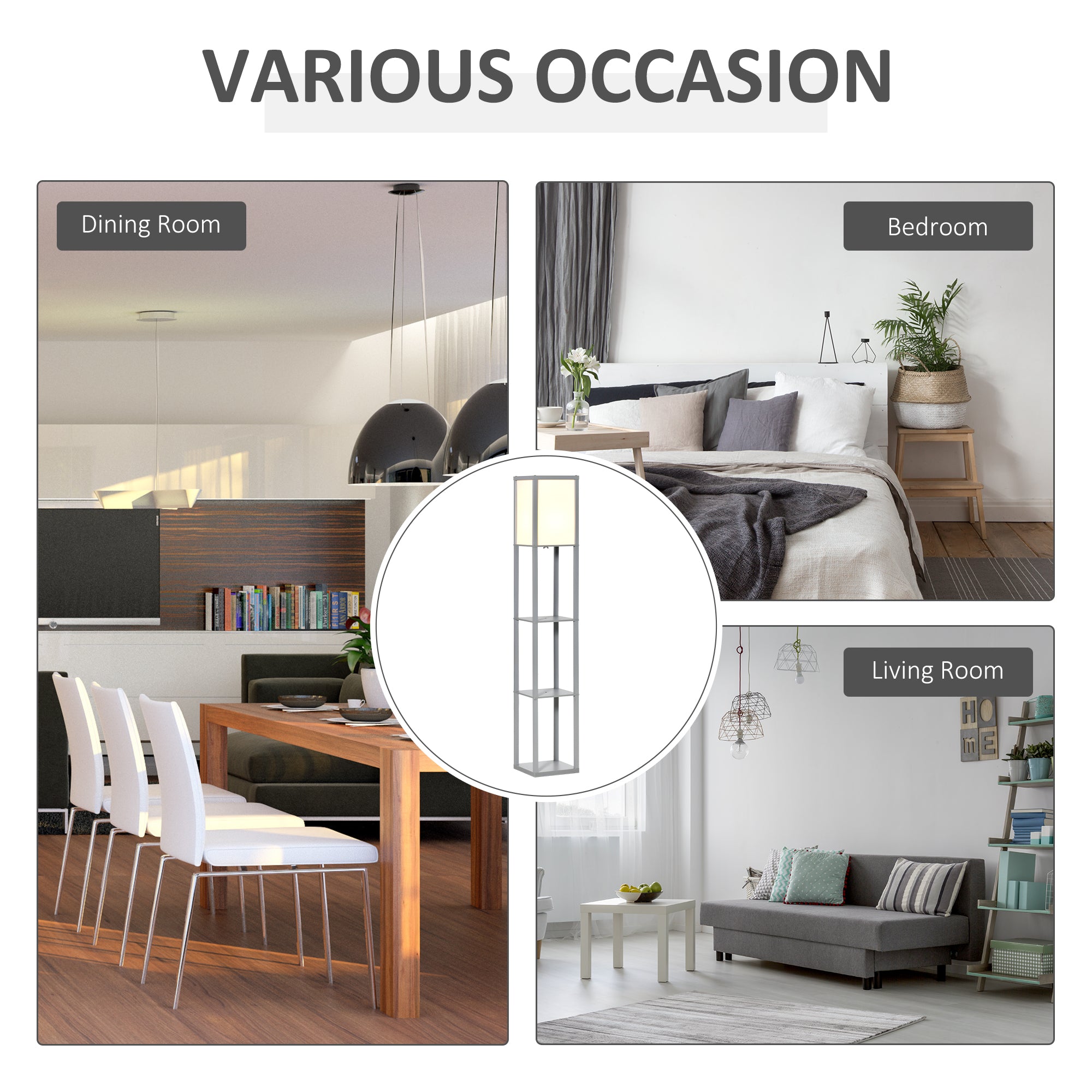 HOMCOM 3-Tier Floor Lamp, Floor Light with Storage Shelf, Reading Standing Lamp with Acrylic Shade for Living Room, Bedroom, Kitchen, Dining Room, Office, Dorm, 160cm, Grey 