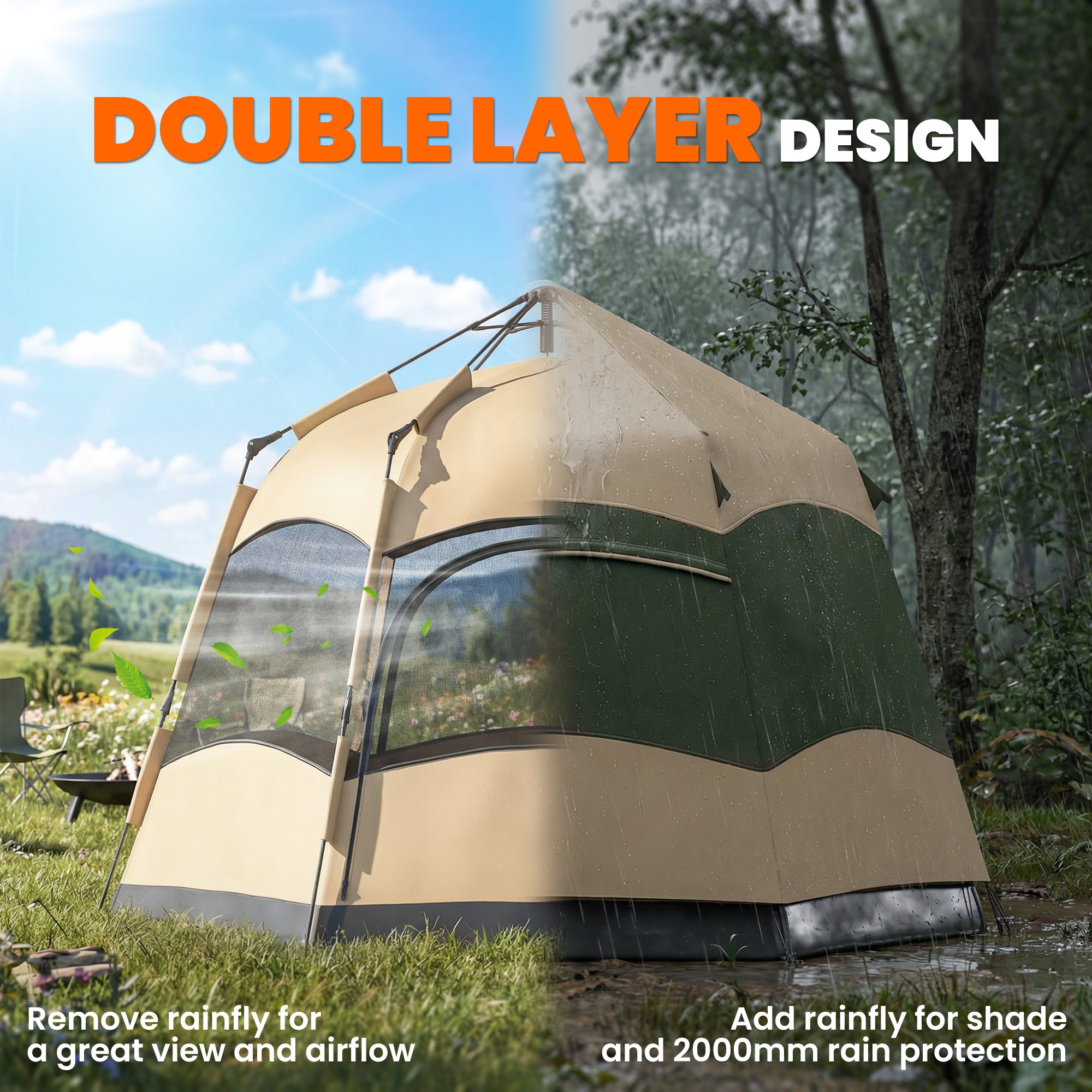 Outsunny Double Layer Instant Pop Up Tent with Rainfly, Portable Camping Shelter with Sewn-in Groundsheet and Carry Bag, Khaki 