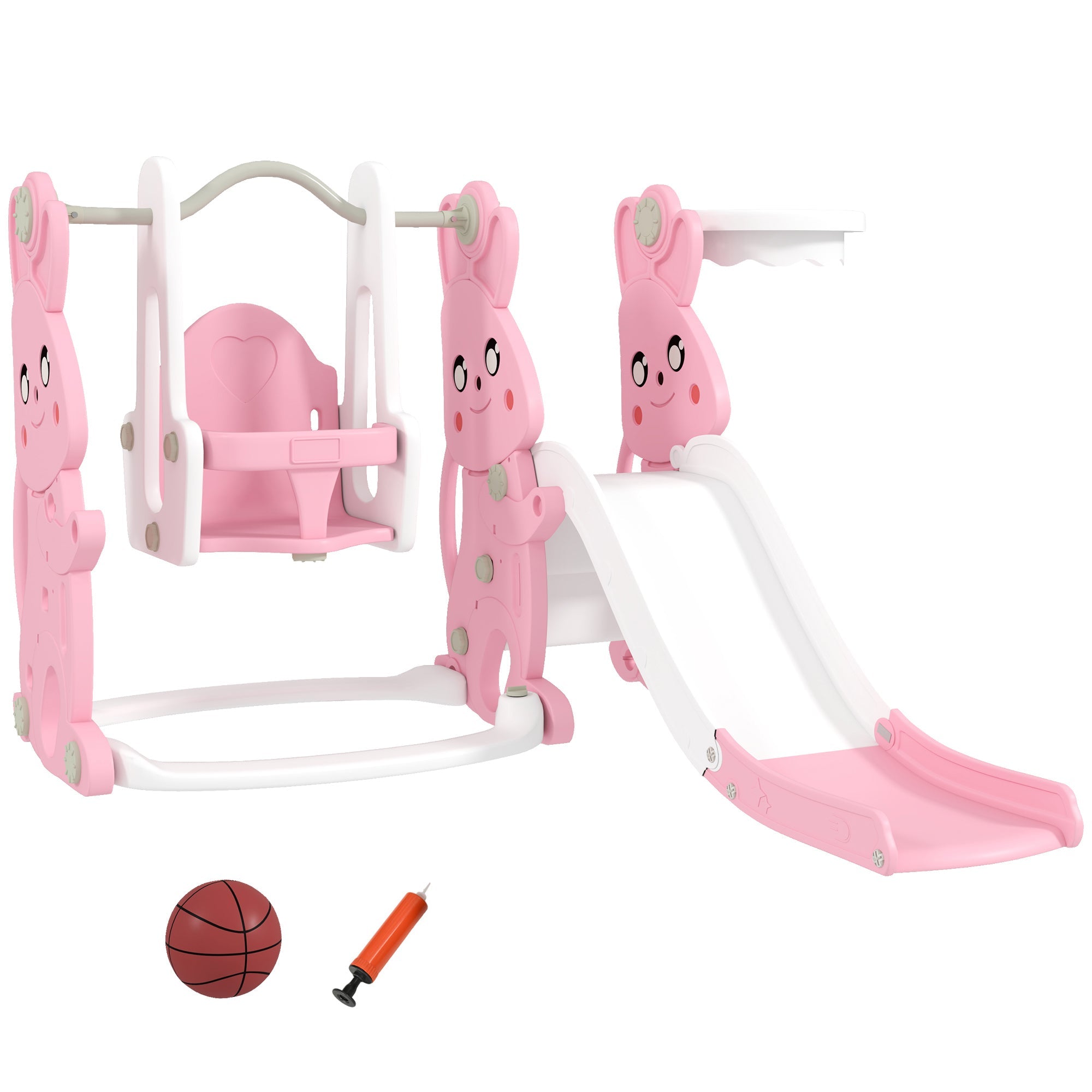 AIYAPLAY 4 in 1 Kids Slide and Swing Set with Climber, Basketball Hoop, Rabbit-Themed, Pink 
