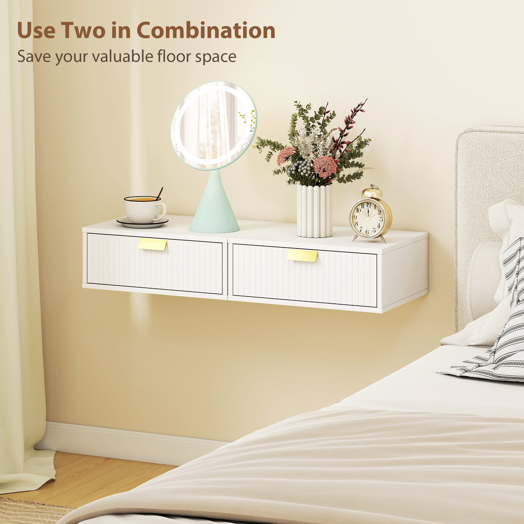 HOMCOM Modern Floating Nightstands Set of 2, Wall Mounted Bedside Tables with Wave Drawer White 