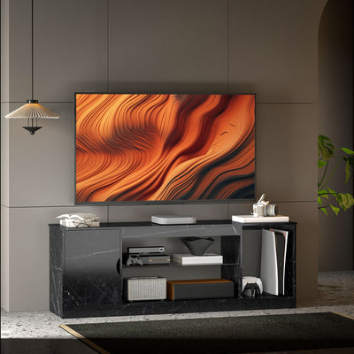 HOMCOM TV Stand Cabinet, Marble Effect TV Unit for up to 55" TVs with Glass Shelf and Storage Cabinet, Entertainment Unit for Living Room, Bedroom, Black 