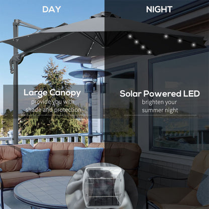 Outsunny 3(m) Cantilever Roma Parasol Patio Sun Umbrella with Crank & Tilt LED Solar Light Cross Base 360\'c2\'b0 Rotating Outdoor, Dark Grey