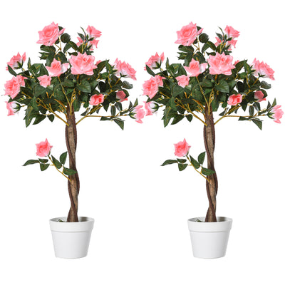 Outsunny Set of 2 Artificial Plants Pink Rose Floral in Pot, Fake Plants for Home Indoor Outdoor Decor, 90cm 