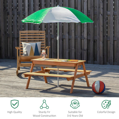 Outsunny Kids Picnic Table with Benches, Wooden Sand and Water Table, Adjustable Parasol, Storage Bins, for Kids 3-6 Years, Brown 