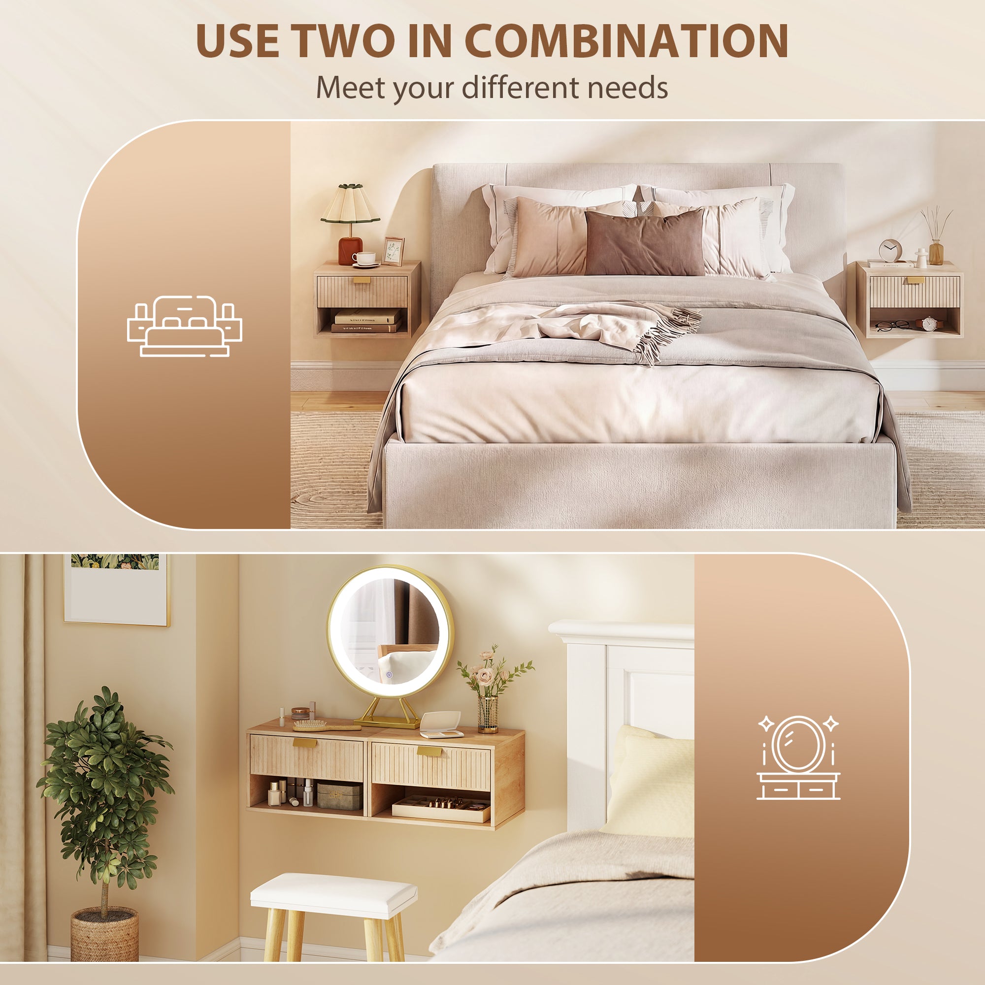 HOMCOM Set of 2 Wall Mounted Nightstands, Floating Bedside Tables with Fluted Drawer and Open Shelf for Small Bedroom, Oak 
