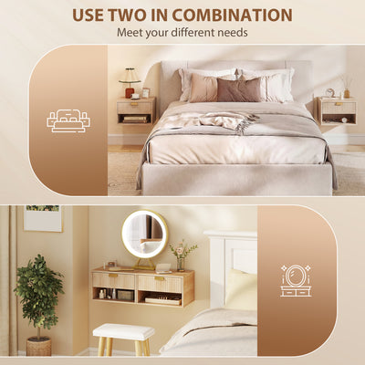 HOMCOM Set of 2 Wall Mounted Nightstands, Floating Bedside Tables with Fluted Drawer and Open Shelf for Small Bedroom, Oak 