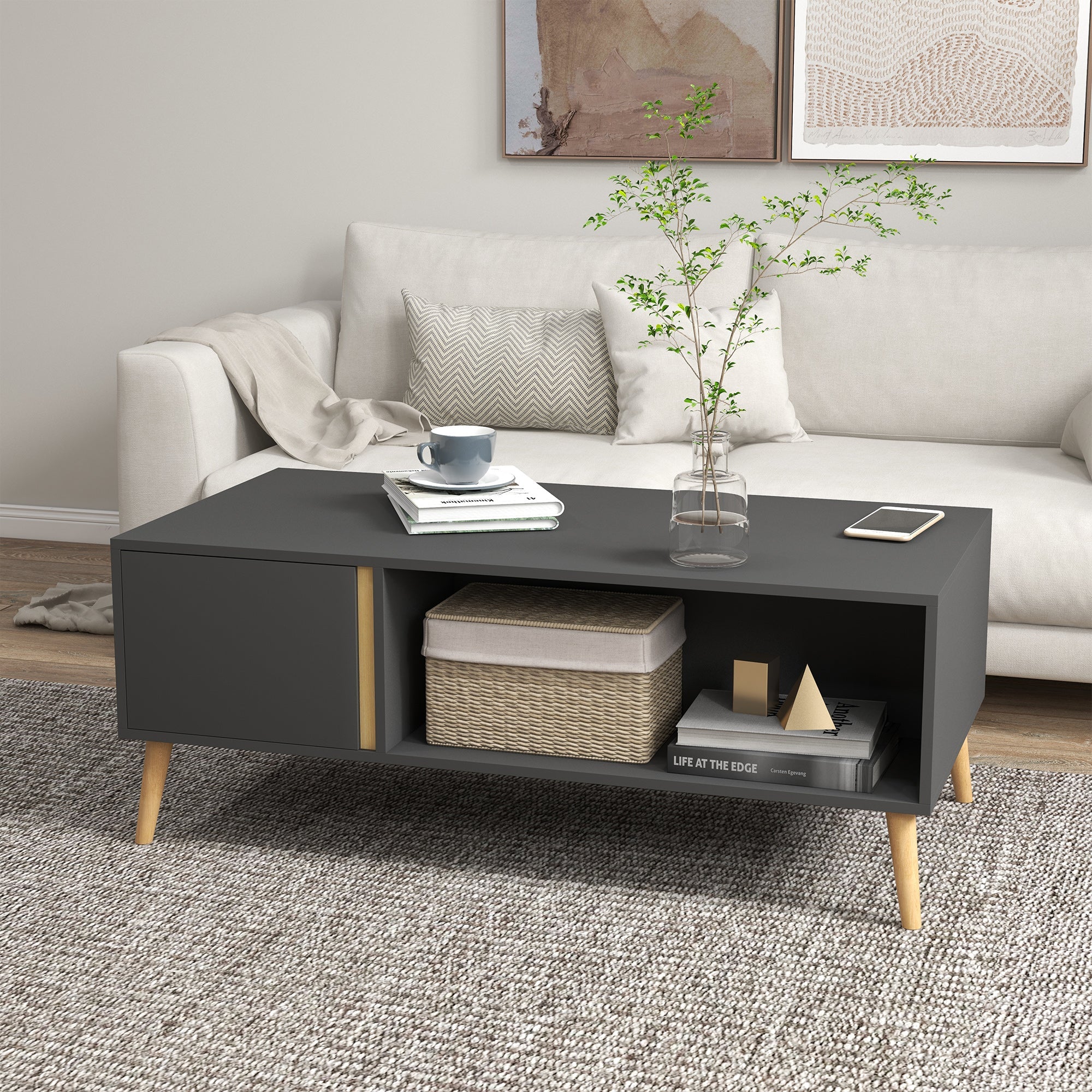HOMCOM Coffee Table for Living Room, Modern Centre Table with Storage Compartments and Cabinets, Rectangular Side Table, 115x 58x 45cm, Grey 