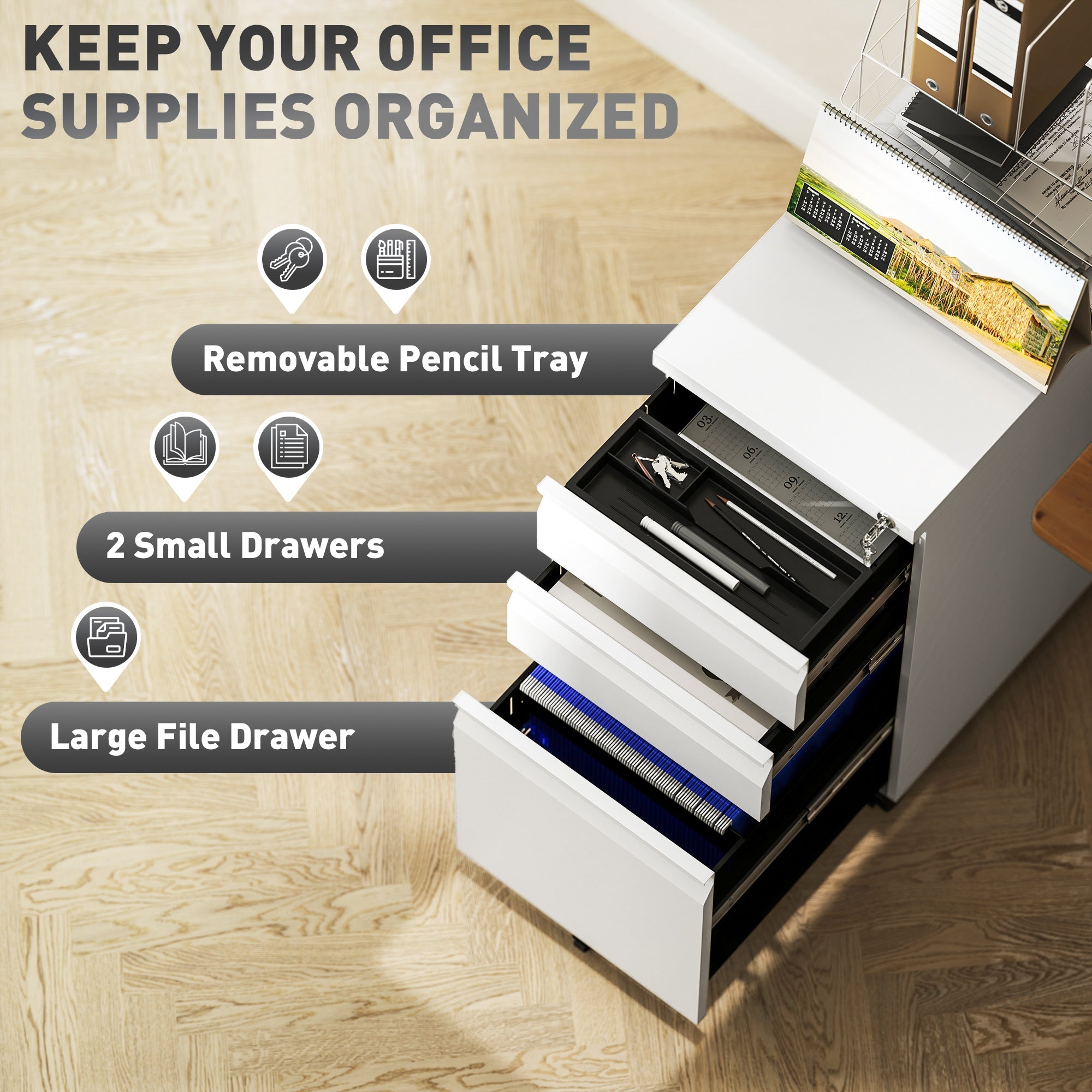 Vinsetto 3-Drawer Steel Filing Cabinet with Lock and Wheels - White 