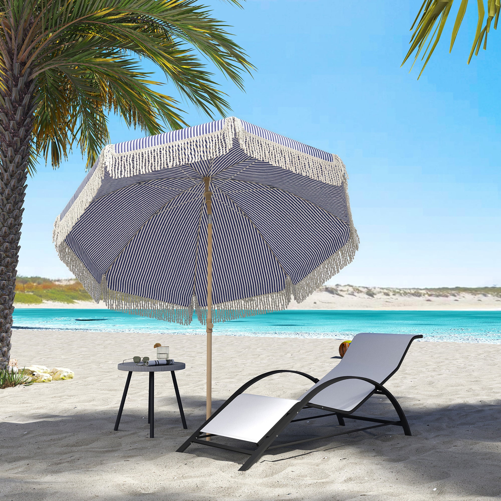 Outsunny 1.7 m Beach Umbrella with Sand Anchor, 30° Tilting Fringed Beach Garden Parasol with Adjustable Height, Blue 