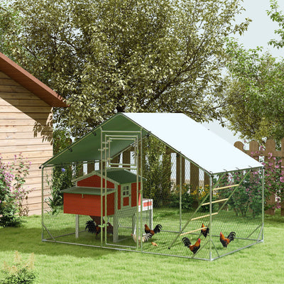 PawHut Walk in Chicken Run w/ Cover, Feeding Door, Hanging Feeder, Perch, for 6-8 Poultry 