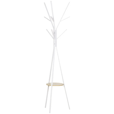 HOMCOM Freestanding Metal Coat Rack Stand 9 Hooks Clothes Tree with 1 Shelf Hat Display Hall Tree Hanger Bag Umbrella Hanging Organiser White 