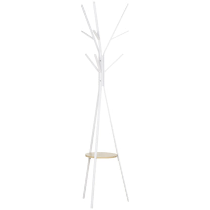 HOMCOM Freestanding Metal Coat Rack Stand 9 Hooks Clothes Tree with 1 Shelf Hat Display Hall Tree Hanger Bag Umbrella Hanging Organiser White 
