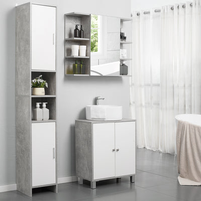 kleankin Free-standing Tall Bathroom Storage Cabinet w/ 2 Cupboards 2 Open Compartments, Slim Bathroom Organizer Adjustable Shelves Elevated Base for Living Room, Grey 