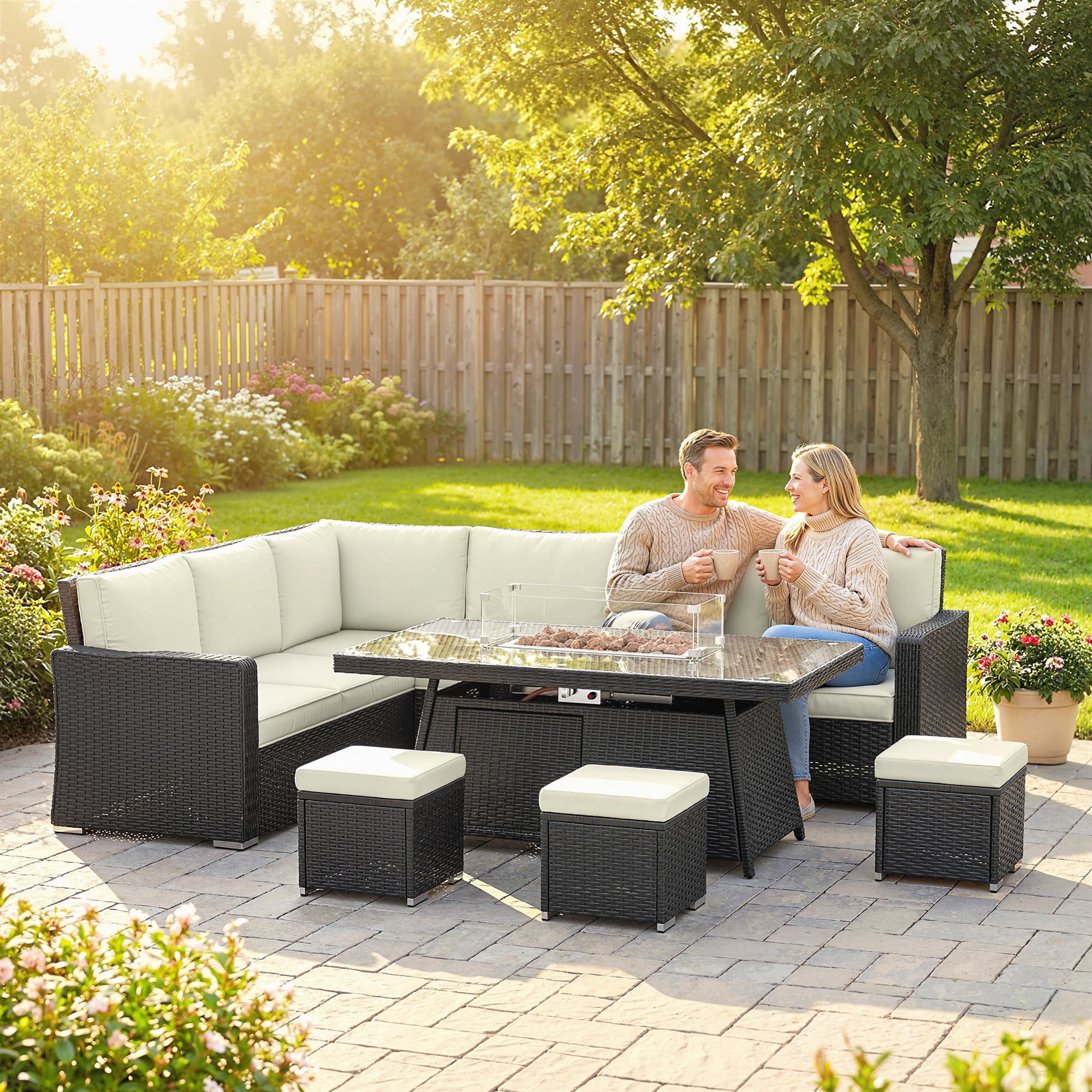 Outsunny 7 Pieces PE Rattan Garden Furniture Set, 50,000 BTU Gas Fire Pit Table, Double Corner Sofa and 3 Footstools 