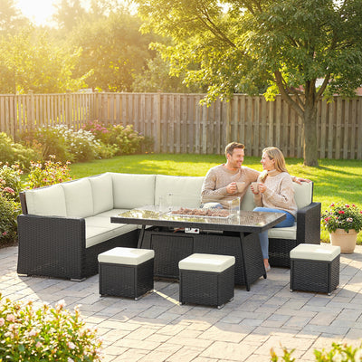 Outsunny 7 Pieces PE Rattan Garden Furniture Set, 50,000 BTU Gas Fire Pit Table, Double Corner Sofa and 3 Footstools 