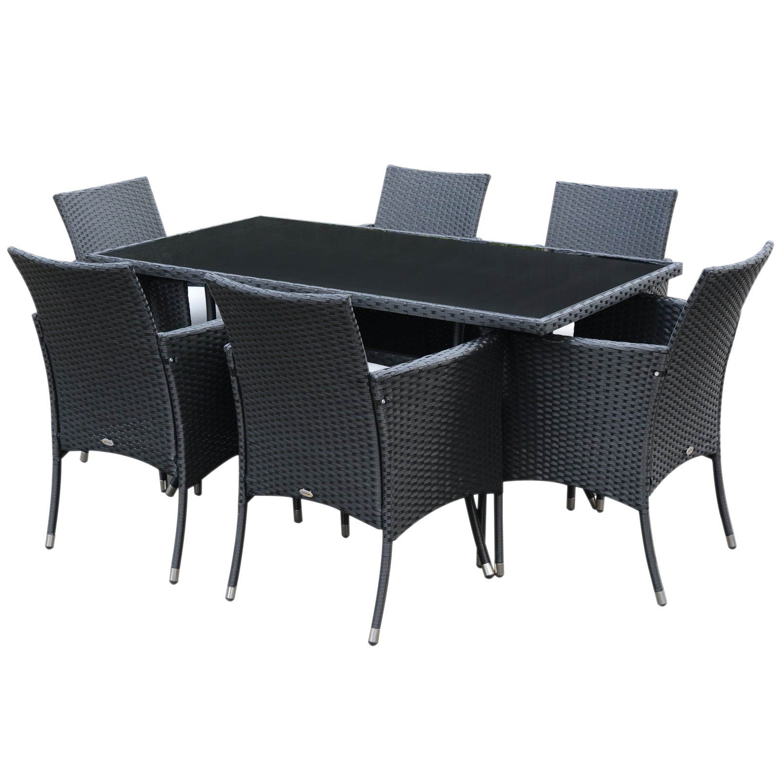 Outsunny 6 Seater Rattan Dining Set with Cushions, Rattan Garden Furniture Set with 6 Armchairs, Rectangular Glass Top Table, Outdoor Dining Table and Chairs, Black 