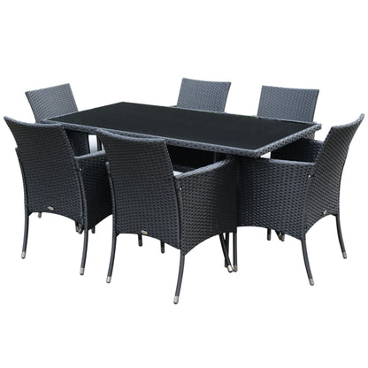 Outsunny 6 Seater Rattan Dining Set with Cushions, Rattan Garden Furniture Set with 6 Armchairs, Rectangular Glass Top Table, Outdoor Dining Table and Chairs, Black 
