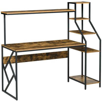 HOMCOM Computer Desk with Bookshelf, Industrial Writing Table with 6 Tier Storage Shelves for Home Office, Bedroom, Study, 150 x 55 x 138cm, Rustic Brown 